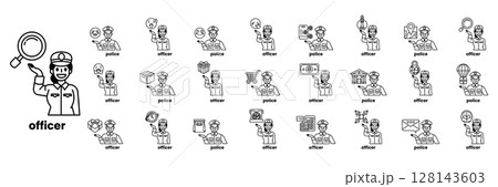 A collection of black and white icons, including a man with a magnifying glass 128143603