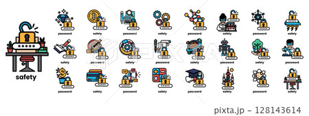 A collection of icons for various items, including a key, a computer, a book 128143614
