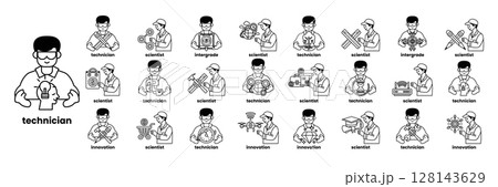 A series of black and white drawings of men in various work uniforms A series of black and white drawings of men in various work uniforms 128143629