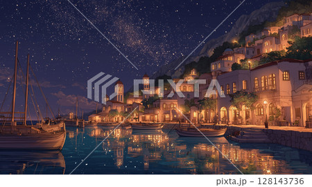星降る夜の穏やかなギリシャの港町：水面に映る光と静寂 128143736