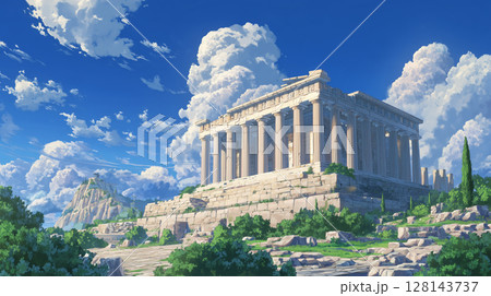 アテネの青空にそびえるパルテノン神殿：古代の栄光と自然の調和 128143737