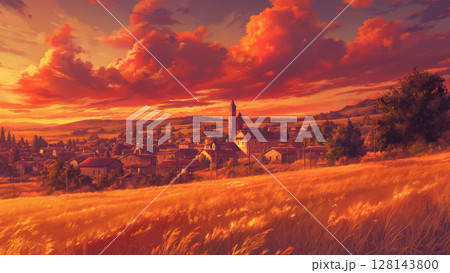 夕焼けの西洋の田舎町の風景、アニメ風 128143800