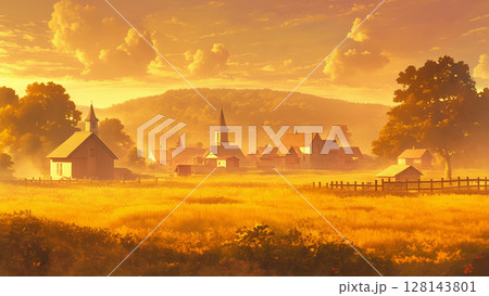 夕方の西洋の田舎町の風景、アニメ風 128143801