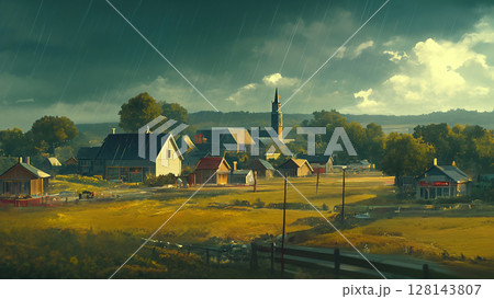 雨の日の西洋の田舎町の風景、アニメ風 128143807