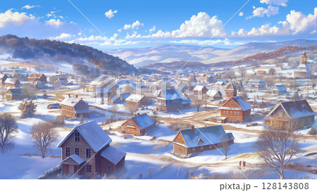 冬の雪が積もった西洋の田舎町の風景、アニメ風 128143808