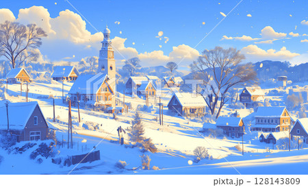 雪が降る西洋の田舎町の風景、アニメ風 128143809