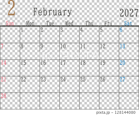 Simple monthly calendar material for February 2027 with Sunday and Saturday colors 128144080