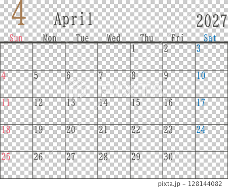 2027 年 4 月的簡單月曆材料,帶有星期日和星期六的顏色 2027 年 4 月的簡單月曆材料,帶有星期日和星期六的顏色 128144082
