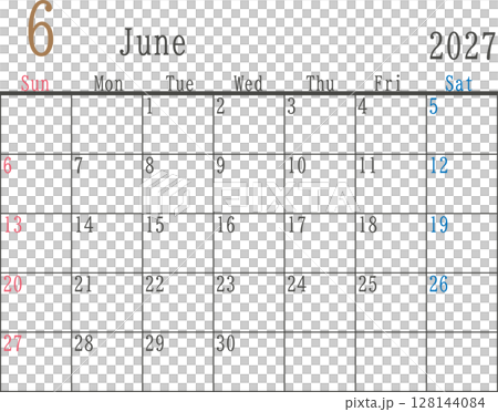 2027年6月簡單的週日和週六彩色月曆材料 2027年6月簡單的週日和週六彩色月曆材料 128144084