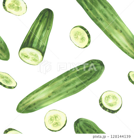 Cucumber with slices watercolor seamless pattern. Whole long green vegetable and sliced in circles. Clipart for market food packaging, kitchen textile. Isolated from background hand drawn illustration Cucumber with slices watercolor seamless pattern. Whole long green vegetable and sliced in circles. Clipart for market food packaging, kitchen textile. Isolated from background hand drawn illustration 128144139