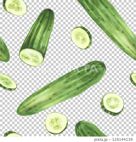 Cucumber with slices watercolor seamless pattern. Whole long green vegetable and sliced in circles. Clipart for market food packaging, kitchen textile. Isolated from background hand drawn illustration Cucumber with slices watercolor seamless pattern. Whole long green vegetable and sliced in circles. Clipart for market food packaging, kitchen textile. Isolated from background hand drawn illustration 128144139