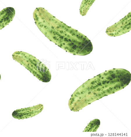 Watercolor seamless pattern of cucumber. Green vegetable hand painted illustration of prickly gherkin pickles harvest. Clipart for canned vegetarian food label, kitchen decor. Isolated from background 128144141