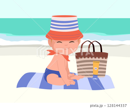Baby Boy Sitting on Beach with Hat Vector Illustration Baby Boy Sitting on Beach with Hat Vector Illustration 128144337