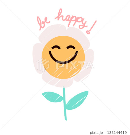 Cute Emoji Flower With "Be Happy" Text Vector Illustration 128144419