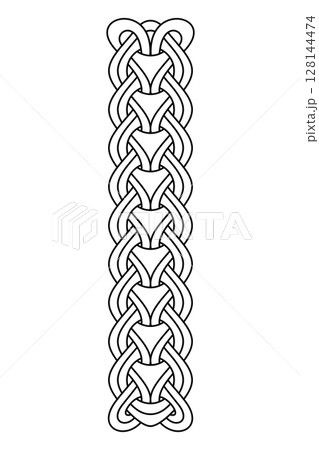Three interlaced chains, vertebral pattern found on Manx runestones. Composed of three distinct sets of linked rings interlaced, with Y-shaped lower part, symbolizing foliage of sacred tree Yggdrasil. 128144474
