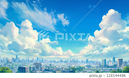 巨大な積乱雲とアジアの都市、アニメ風 128144486