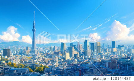 真夏のアジアの都市、アニメ風 128144487