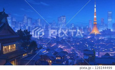 幻想的な夜景の東京の風景、アニメ風 128144499