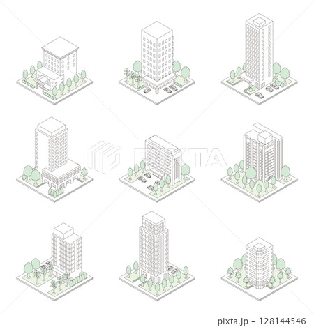 建物の立体的なイラスト. アイソメトリック画法. 線画. 建物の立体的なイラスト. アイソメトリック画法. 線画. 128144546