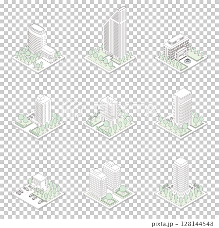 建物の立体的なイラスト. アイソメトリック画法. 線画. 128144548