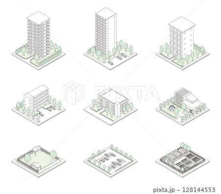 建物の立体的なイラスト. アイソメトリック画法. 線画. 128144553