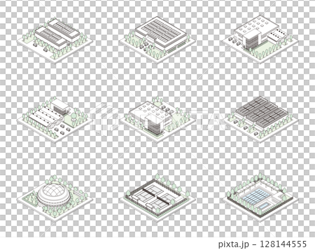 建物の立体的なイラスト. アイソメトリック画法. 線画. 128144555