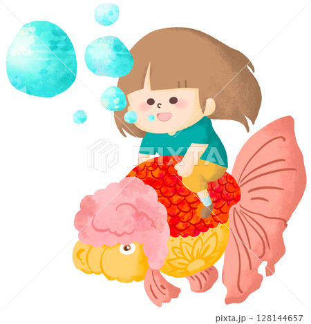 大きな金魚に乗って水中を進んでいる子どものイラスト 128144657