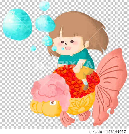 大きな金魚に乗って水中を進んでいる子どものイラスト 128144657