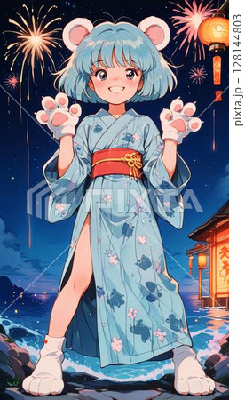 Cheerful Anime Mouse Girl in Kimono at Night Festival with Fireworks 128144803