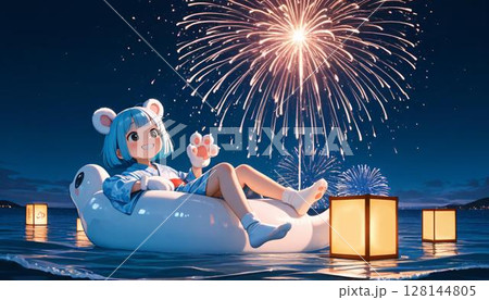 Relaxed Anime Mouse Girl on Inflatable Floating Amidst Night Fireworks 128144805