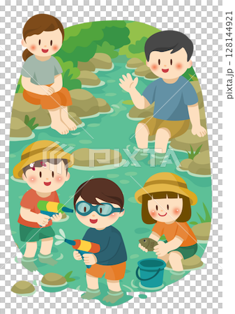 Illustration of a family enjoying playing in the river, Family Enjoying River Play 128144921