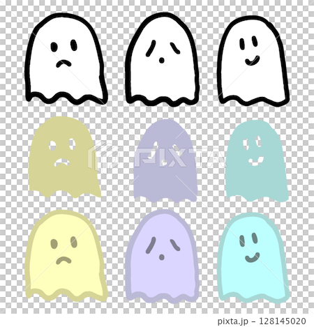A set of cute ghosts with various expressions A set of cute ghosts with various expressions 128145020