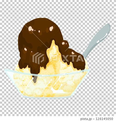 Vanilla ice cream with chocolate sauce 128145050