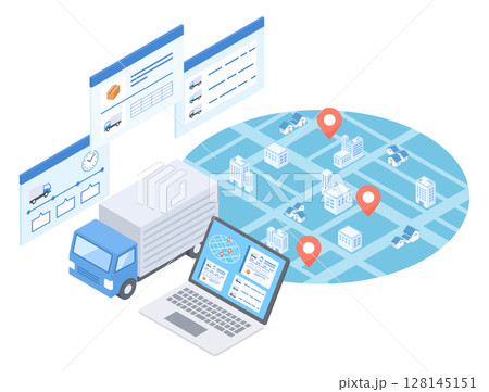 輸送トラックの運行状況をパソコンのモニタ上で管理しているイメージ 輸送トラックの運行状況をパソコンのモニタ上で管理しているイメージ 128145151