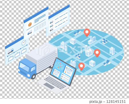 輸送トラックの運行状況をパソコンのモニタ上で管理しているイメージ 輸送トラックの運行状況をパソコンのモニタ上で管理しているイメージ 128145151