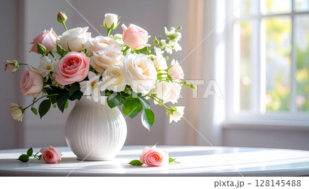 窓辺に置かれたピンクのバラの花束 128145488