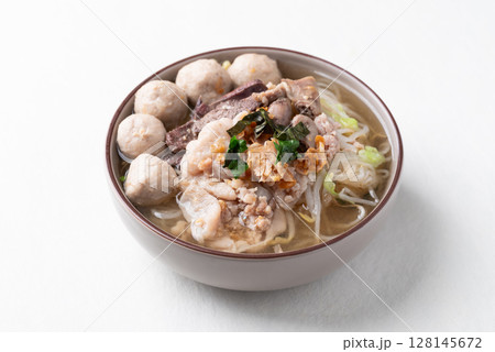 Thai noodles soup with sliced pork, minced pork, meatball and liver, Traditional Thai street food Thai noodles soup with sliced pork, minced pork, meatball and liver, Traditional Thai street food 128145672