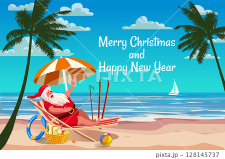 Merry Christmas card, Santa Claus in the swimsuit on the resort tropical, resting in deck chair with cocktail Merry Christmas card, Santa Claus in the swimsuit on the resort tropical, resting in deck chair with cocktail 128145737