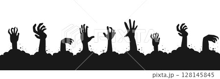 Zombie hand border, monster hand halloween silhouette rising arms. Black scary background with grave ground and creepy shadows. Zombie hand border, monster hand halloween silhouette rising arms. Black scary background with grave ground and creepy shadows. 128145845