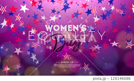 Women's Equality Day Banner Design with Typography Lettering and American Flag Color Stars on Shiny Pink Background. August 26 National Feminine Holiday in United States. USA Celebration Template for 128146086