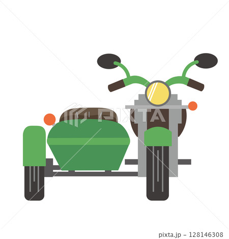 正面から見たシンプルな緑色のサイドカーのイラスト 128146308