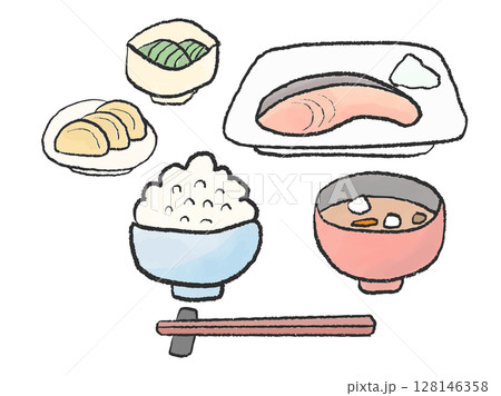 日本の伝統的な朝ごはん、ヘルシーな和定食 カラーイラスト素材 日本の伝統的な朝ごはん、ヘルシーな和定食 カラーイラスト素材 128146358