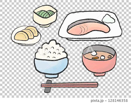 日本の伝統的な朝ごはん、ヘルシーな和定食 カラーイラスト素材 日本の伝統的な朝ごはん、ヘルシーな和定食 カラーイラスト素材 128146358