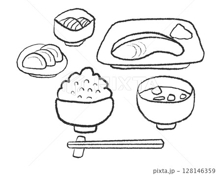 日本の伝統的な朝ごはん、ヘルシーな和定食 線画イラスト素材 日本の伝統的な朝ごはん、ヘルシーな和定食 線画イラスト素材 128146359