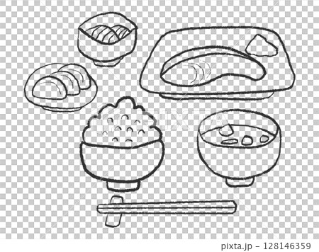Traditional Japanese breakfast, healthy Japanese set meal Line drawing illustration 128146359