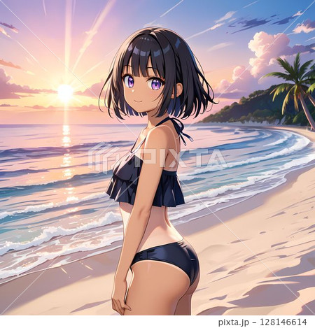 ビーチに立つ水着の女性のイラスト素材 [128146614] - PIXTA