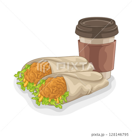 Illustration of Taco with coffee cup  128146795