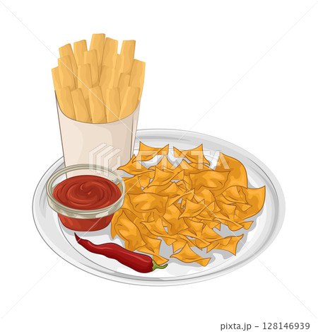 Illustration of Tortilla Chips with French Fries 128146939