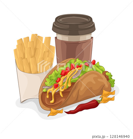 Illustration of Taco with French Fries and Coffee Cup 128146940