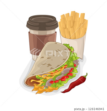 Illustration of Taco with French Fries and Coffee Cup 128146941